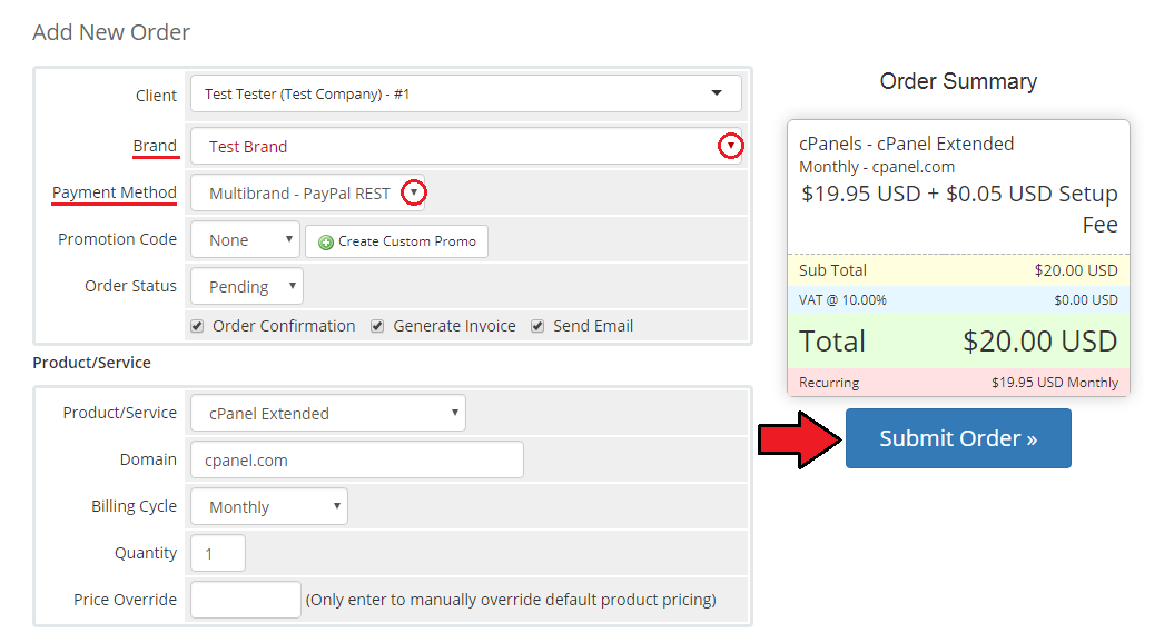 Multibrand For WHMCS: WHMCS Add New Order page with the Brand and Payment Method fields and Submit Order button