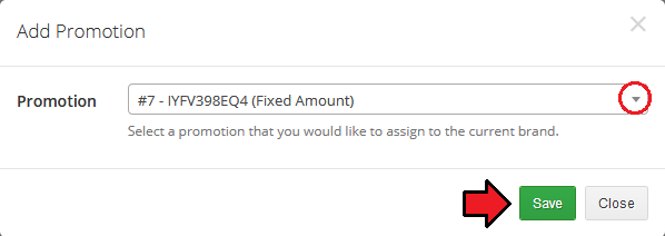Multibrand For WHMCS: Add Promotion dialog with a promotion drop-down and the Save button for the brand
