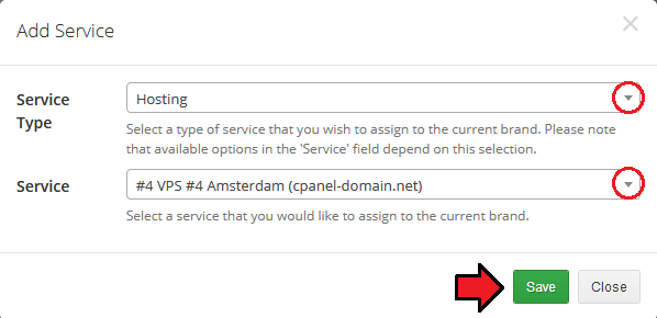 Multibrand For WHMCS: Add Service dialog with the service type and service dropdowns and the Save button