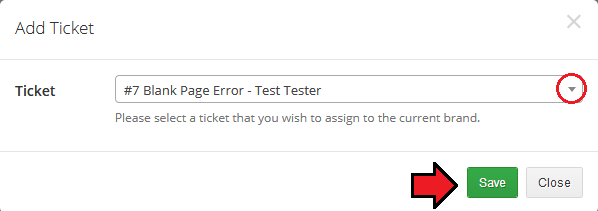 Multibrand For WHMCS: Add Ticket dialog with a ticket drop-down and the Save button for the current brand