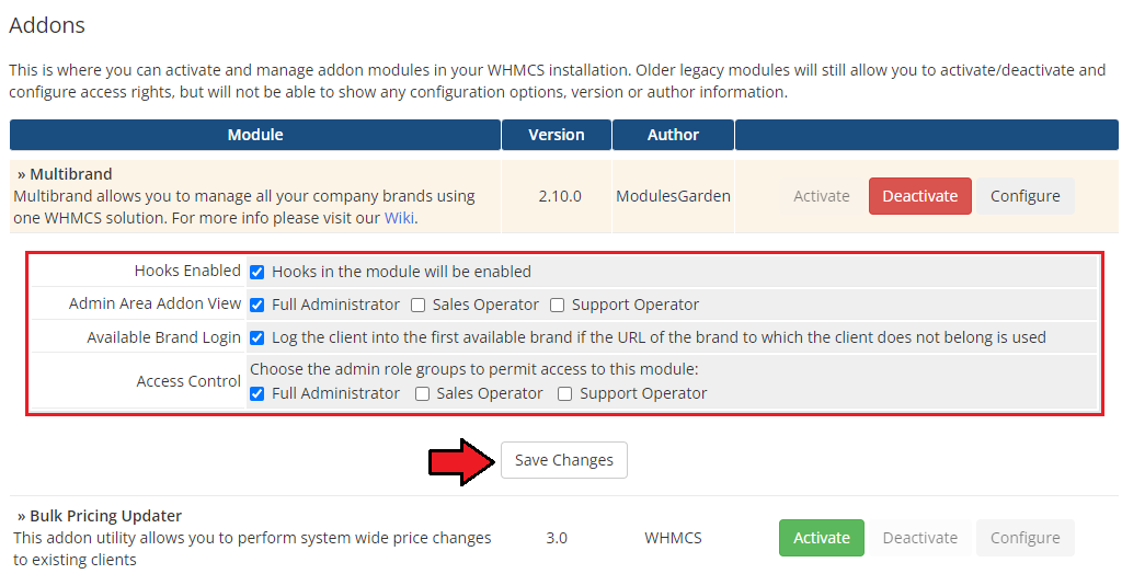 Multibrand For WHMCS: WHMCS Addon Modules list with Multibrand activated and hooks, admin view and access control