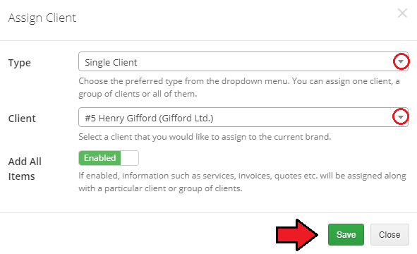 Multibrand For WHMCS: Assign Client dialog with the single client type, client dropdown and Add All Items switch