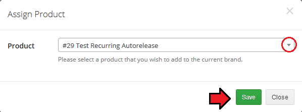 Multibrand For WHMCS: Assign Product dialog with a product selected in the dropdown and the Save button