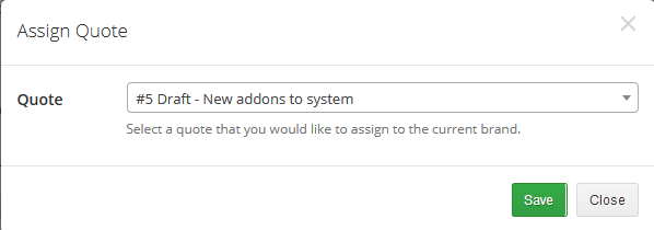 Multibrand For WHMCS: Assign Quote dialog with a quote drop-down and the Save button for the current brand