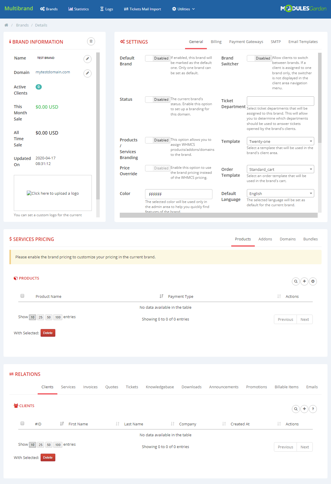 Multibrand For WHMCS: brand details page with Brand Information, Settings, Services Pricing and Relations sections