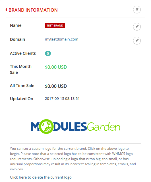 Multibrand For WHMCS: Brand Information panel with brand name, domain, active clients, sales totals and custom logo
