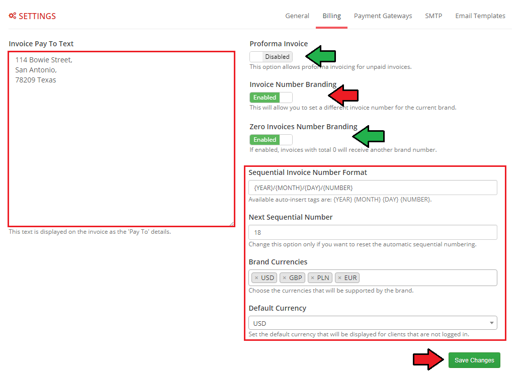 Multibrand For WHMCS: Settings Billing tab with invoice pay to text, invoice number format and brand currencies