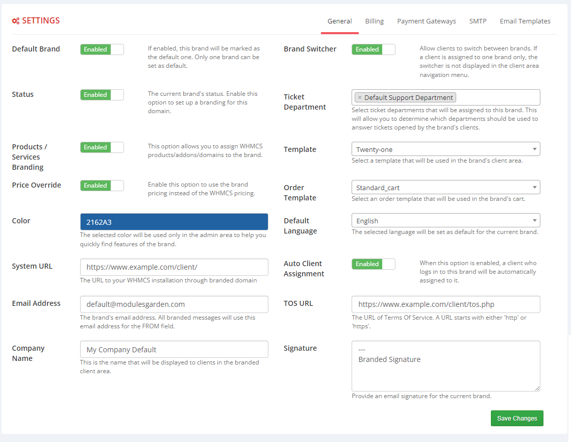 Multibrand For WHMCS: Settings General tab with default brand, status, template, system URL, company name and signature