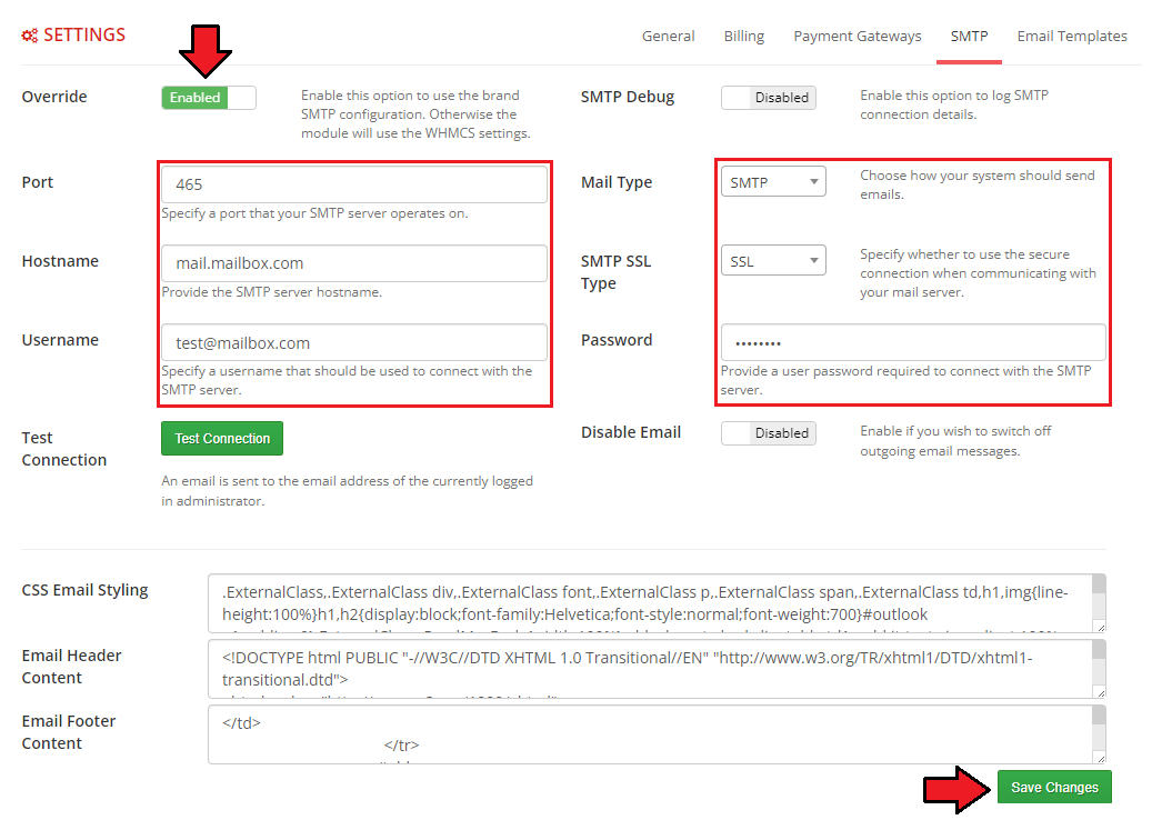 Multibrand For WHMCS: Settings SMTP tab with override option, port, hostname, username, password and email styling