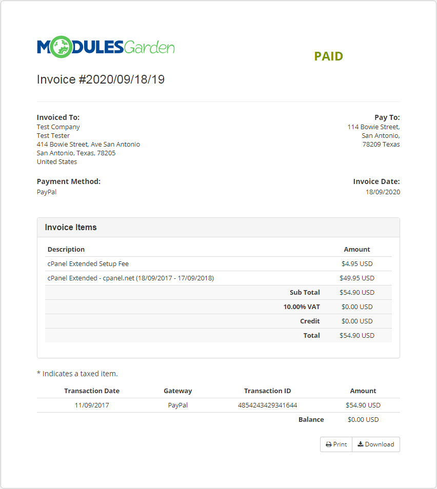 Multibrand For WHMCS: Branded client area invoice with the brand logo, invoice items and PAID status