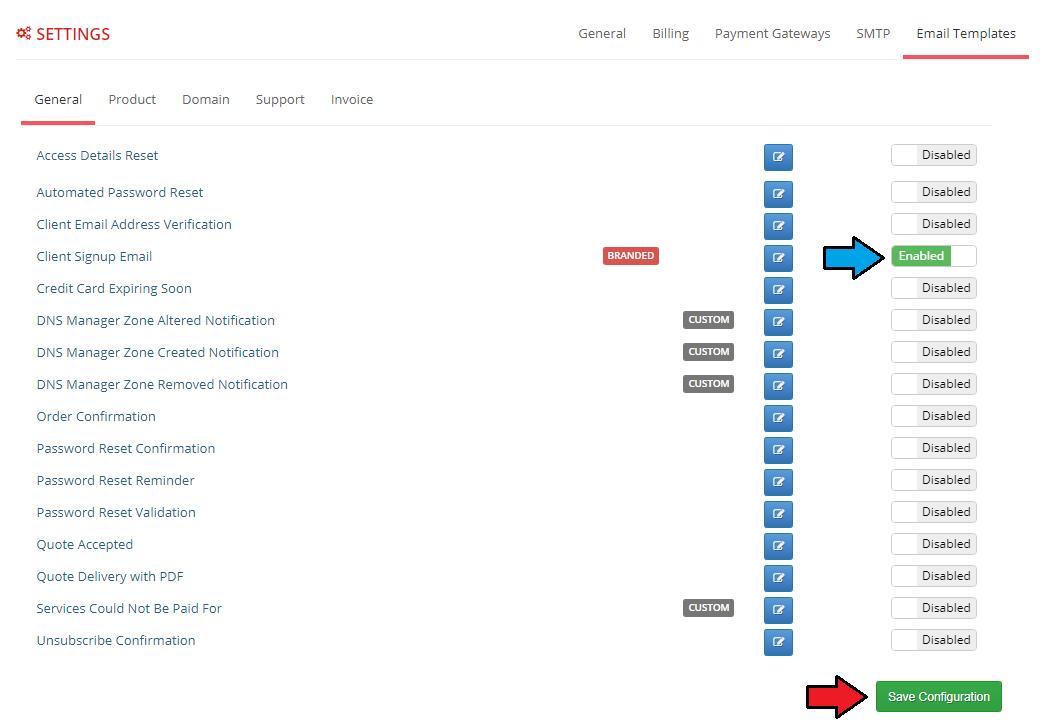 Multibrand For WHMCS: Email Templates tab with the Client Signup Email marked Branded and its switch enabled