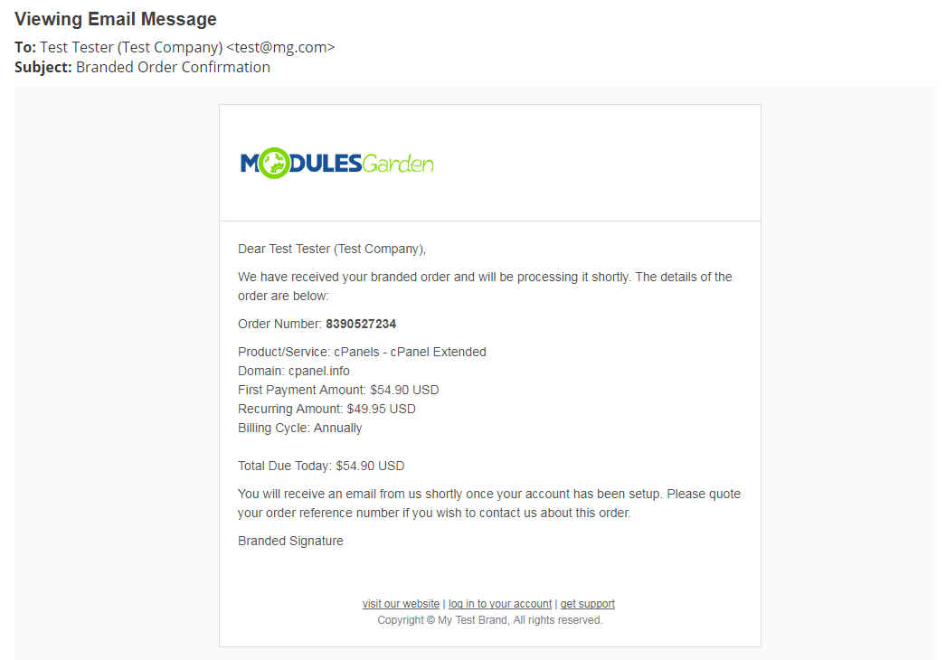 Multibrand For WHMCS: Branded order confirmation email with the brand logo, order details and signature