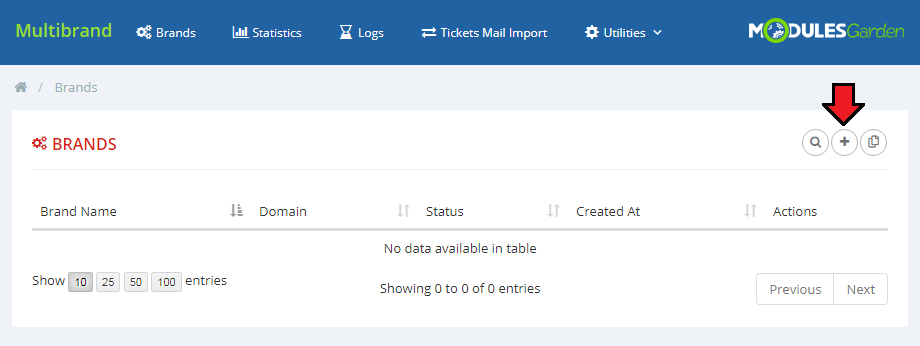 Multibrand For WHMCS: Brands page in the admin area with an empty table and the add new brand plus button