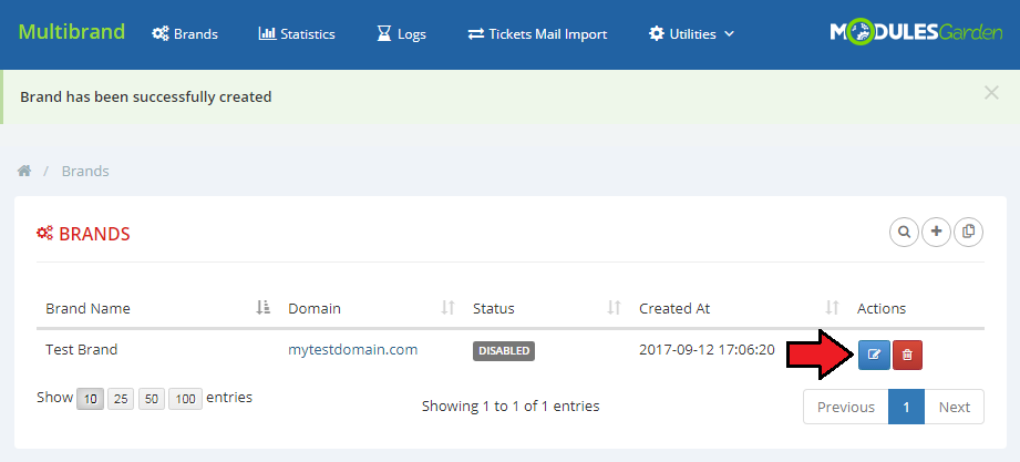 Multibrand For WHMCS: Brands list with the new brand created message and the Edit action button