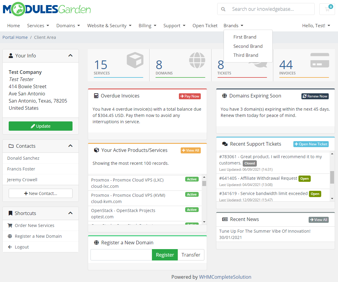 Multibrand For WHMCS: WHMCS client area dashboard with the Brands drop-down menu listing three brands