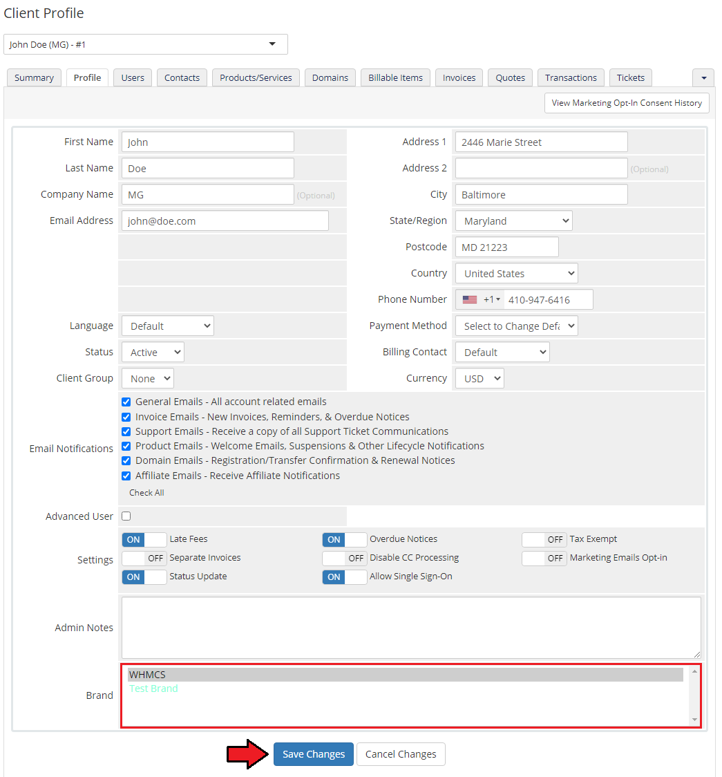 Multibrand For WHMCS: WHMCS client Profile tab with the Brand selection list and the Save Changes button