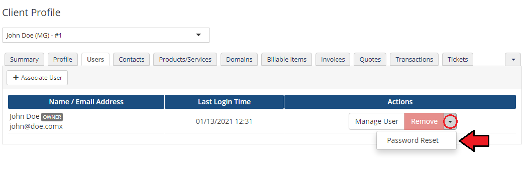 Multibrand For WHMCS: WHMCS client Users tab with the Manage User drop-down open on Password Reset