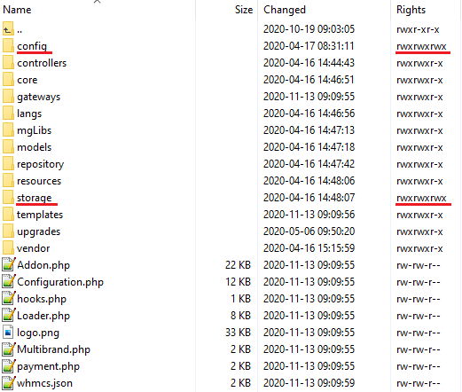 Multibrand For WHMCS: file manager with the config and storage folders marked and set to full permissions