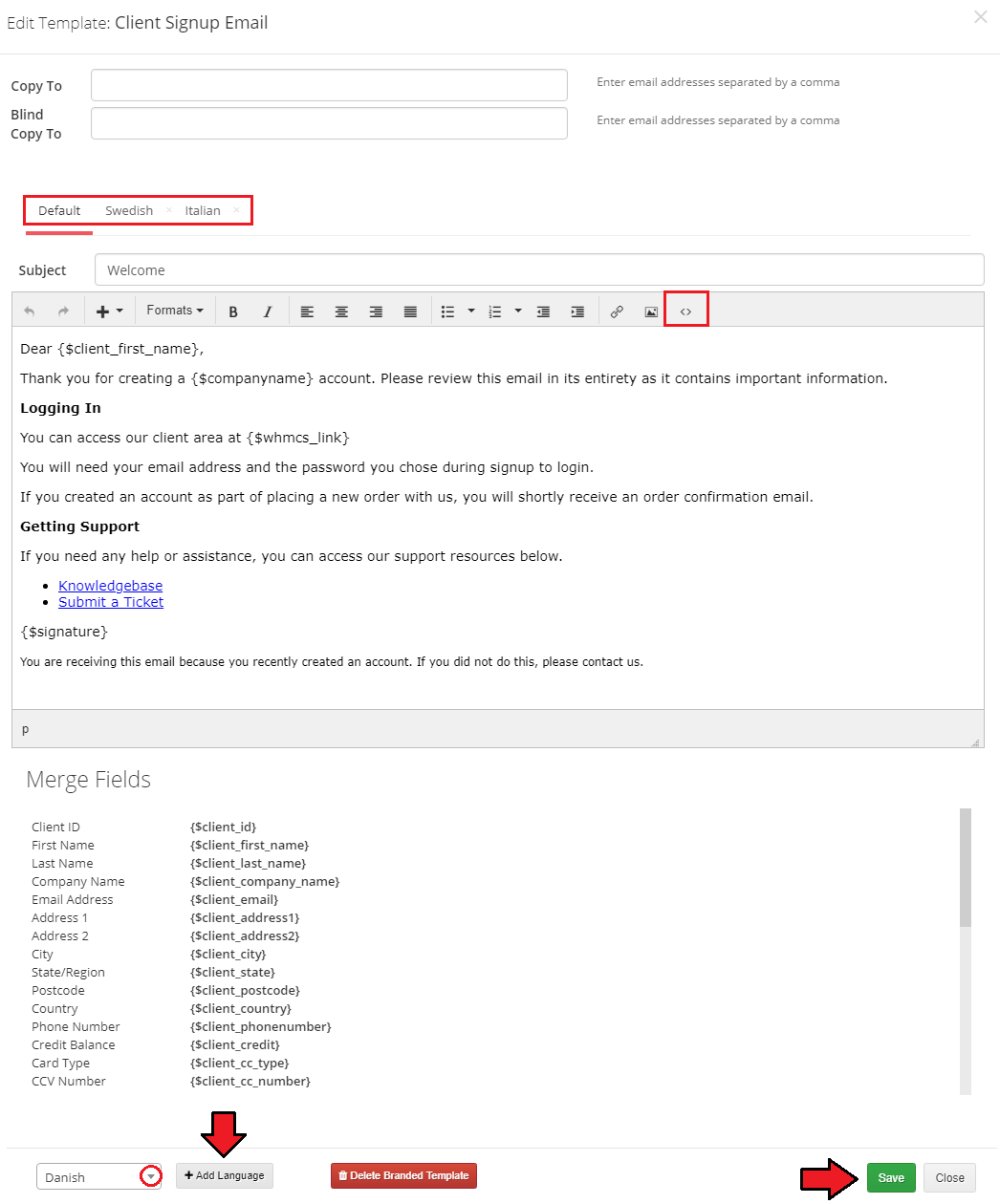 Multibrand For WHMCS: Edit Template dialog for Client Signup Email with the editor, merge fields and language options