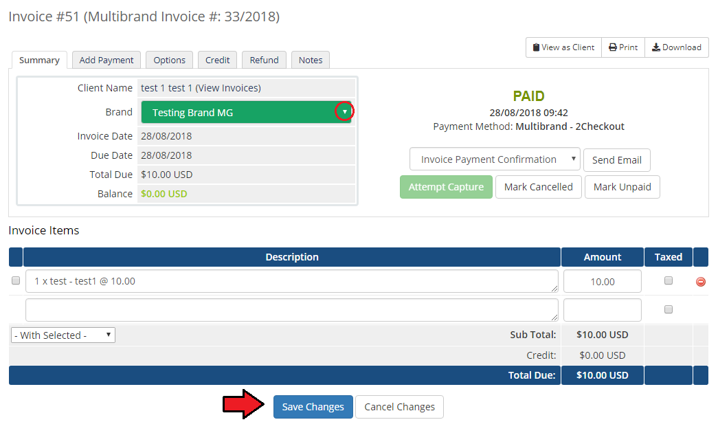 Multibrand For WHMCS: WHMCS invoice Summary tab with the Brand drop-down for changing the brand relation