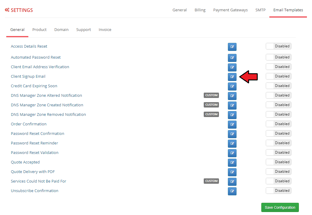 Multibrand For WHMCS: Settings Email Templates tab with the list of templates and the Edit button for Client Signup