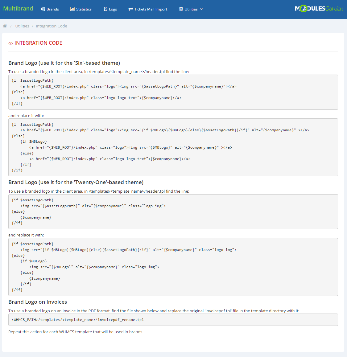 Multibrand For WHMCS: module Integration Code page with Brand Logo template code for Six and Twenty-One themes