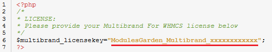 Multibrand For WHMCS: license.php file in an editor with the license key variable between quotation marks