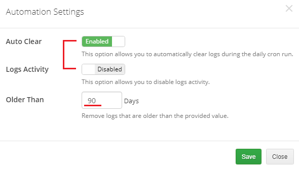 Multibrand For WHMCS: Logs Automation Settings dialog with Auto Clear enabled and the Older Than days field