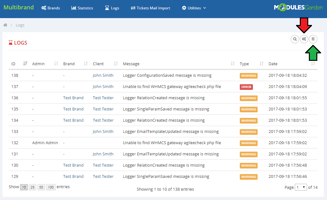 Multibrand For WHMCS: Logs page with warnings and errors and the automation settings and clear logs buttons