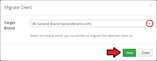 Multibrand For WHMCS: Migrate Client dialog with the target brand dropdown and the Save button