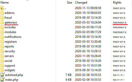 Multibrand For WHMCS: file manager with the modules gateways folder marked and its permissions set to writable