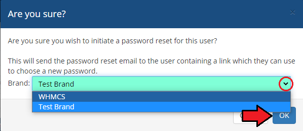 Multibrand For WHMCS: Password reset confirmation dialog with a Brand drop-down listing WHMCS and Test Brand