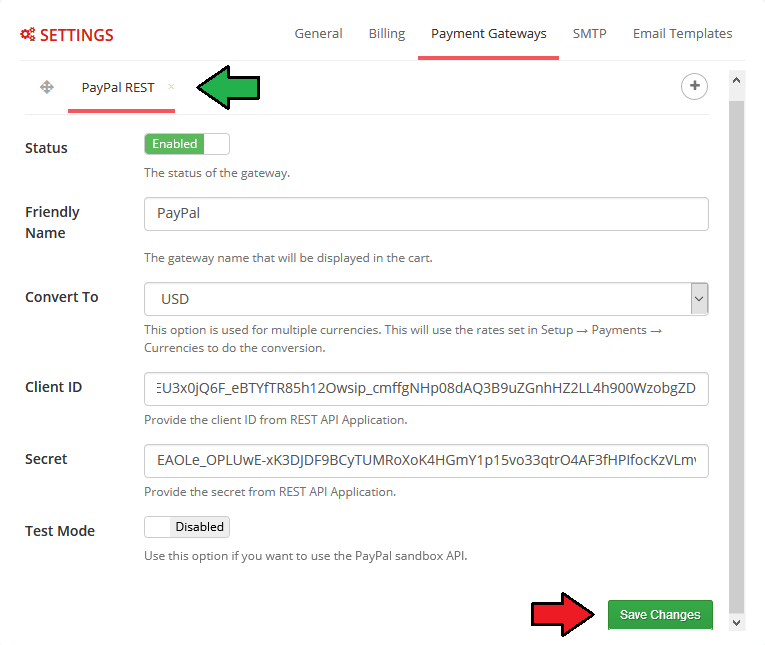 Multibrand For WHMCS: Payment Gateways tab with PayPal REST settings such as friendly name, client ID and secret