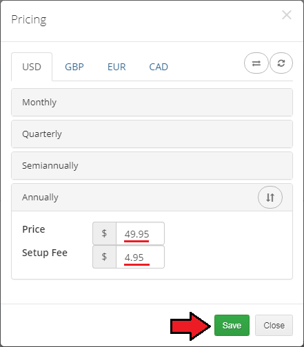 Multibrand For WHMCS: Pricing dialog with currency tabs and annual price and setup fee fields filled in