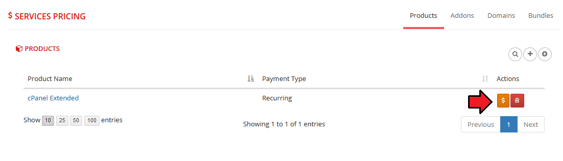 Multibrand For WHMCS: Services Pricing Products table with a product row and the orange pricing editor button