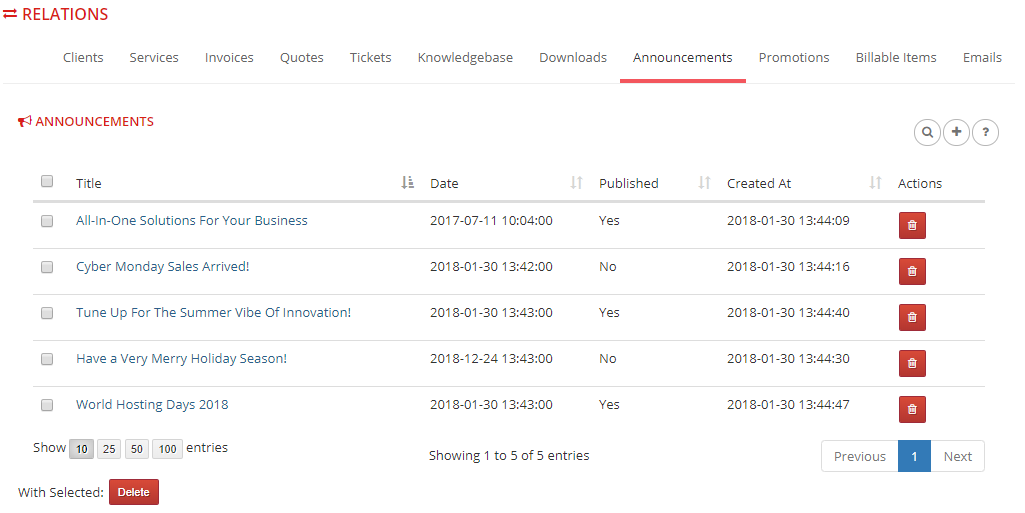 Multibrand For WHMCS: Relations Announcements tab listing announcements with date and published status