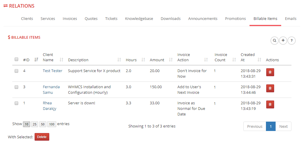 Multibrand For WHMCS: Relations Billable Items tab listing items with client, hours, amount and invoice action