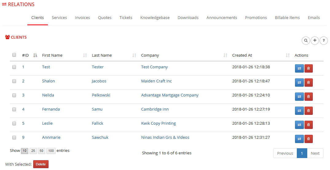Multibrand For WHMCS: Relations Clients tab listing clients assigned to the brand with migrate and delete buttons