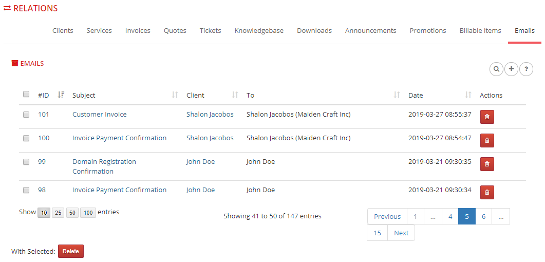 Multibrand For WHMCS: Relations Emails tab listing branded email messages sent to clients with subject and date