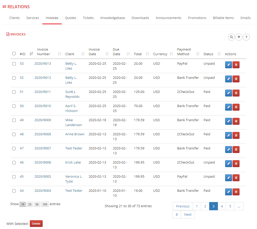 Multibrand For WHMCS: Relations Invoices tab listing invoices assigned to the brand with client, total and status
