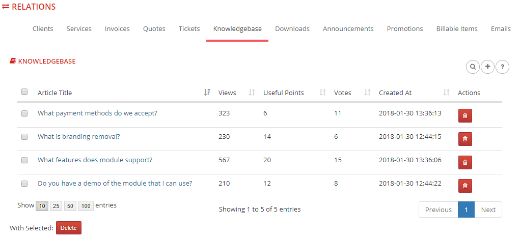 Multibrand For WHMCS: Relations Knowledgebase tab listing articles with views, useful points and votes