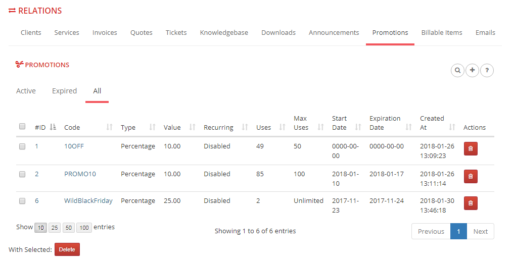 Multibrand For WHMCS: Relations Promotions tab listing promotion codes with type, value, uses and dates