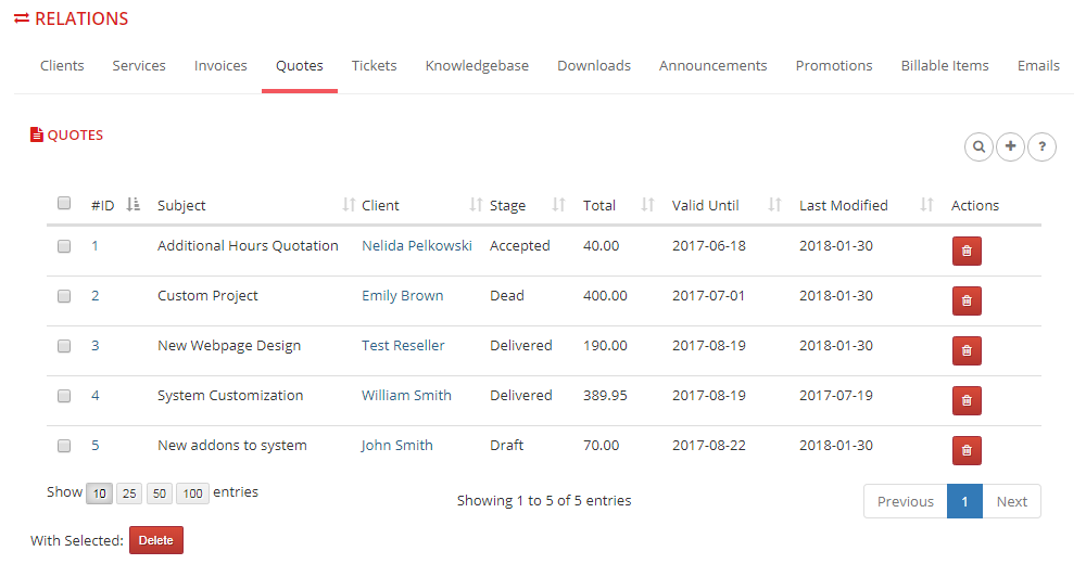 Multibrand For WHMCS: Relations Quotes tab listing quotes assigned to the brand with subject, client and stage