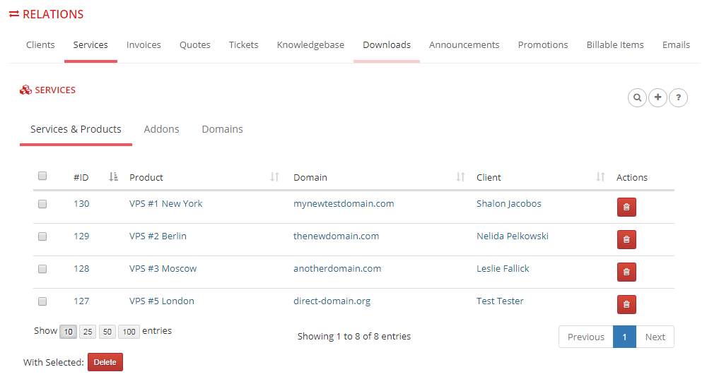 Multibrand For WHMCS: Relations Services tab listing services and products assigned to the brand