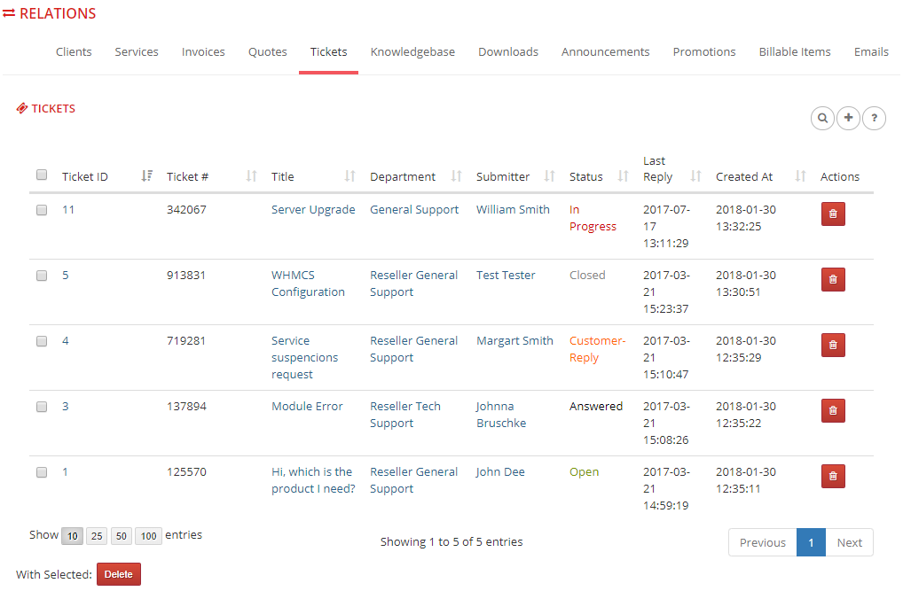 Multibrand For WHMCS: Relations Tickets tab listing tickets assigned to the brand with department and status