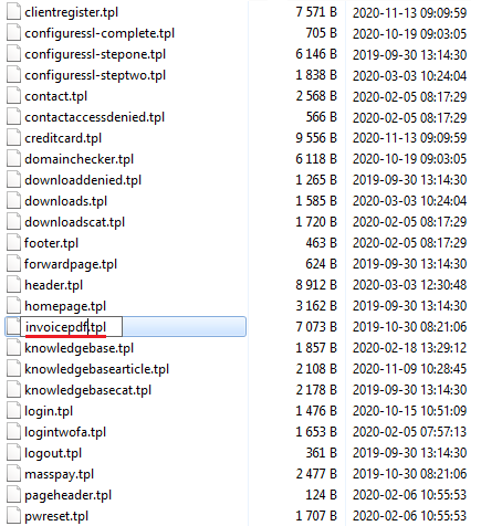 Multibrand For WHMCS: file manager listing of template files with invoicepdf.tpl being renamed