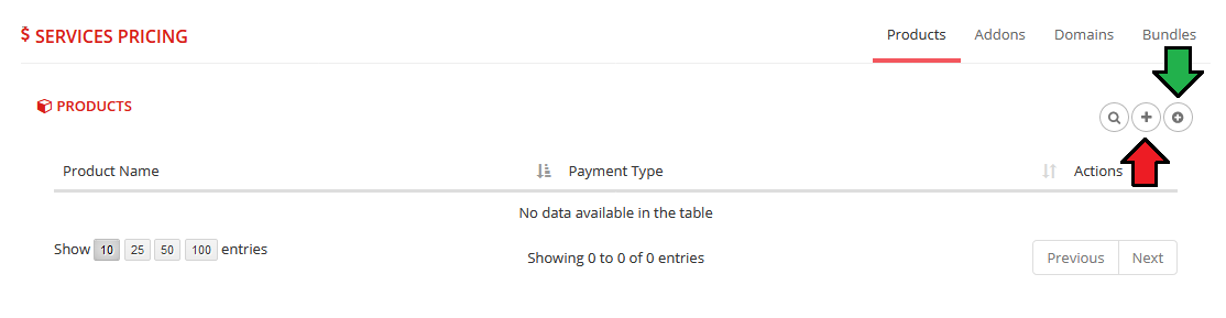 Multibrand For WHMCS: Services Pricing Products tab with an empty table and the add and bulk add buttons