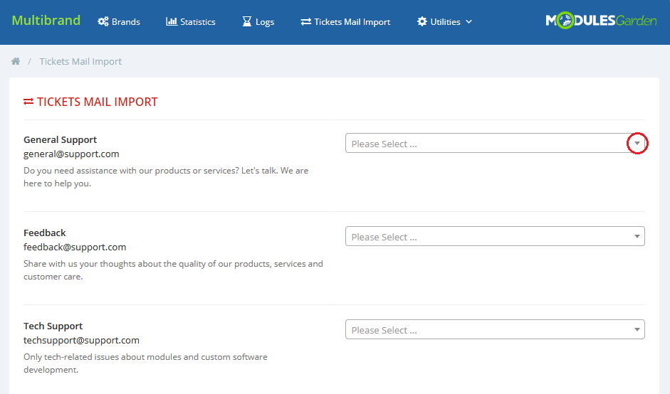 Multibrand For WHMCS: Tickets Mail Import page with a brand drop-down for each support department email