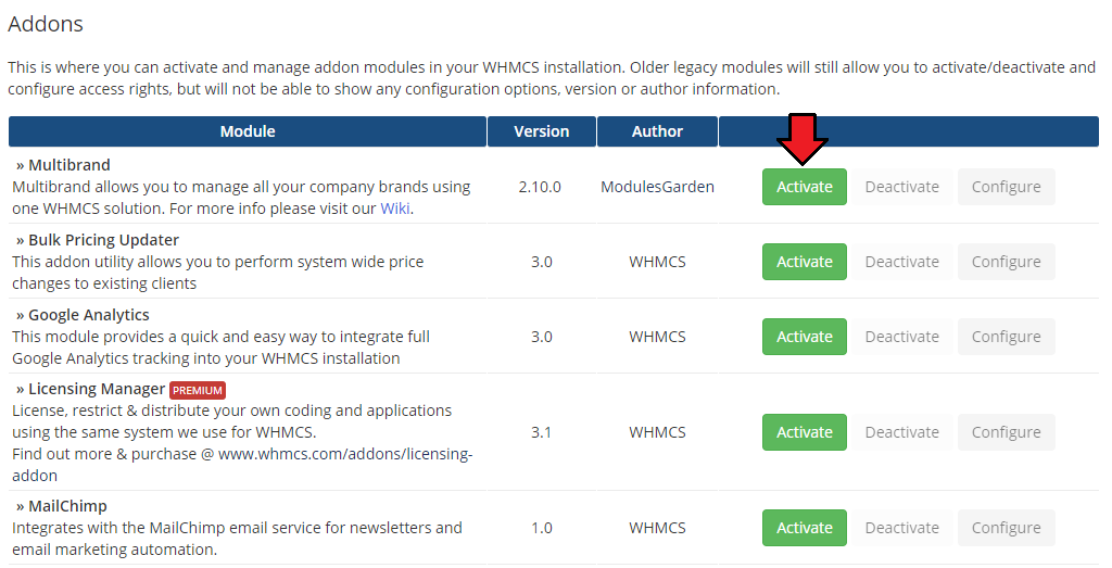 Multibrand For WHMCS: WHMCS Addon Modules list with the Multibrand module and its Activate button