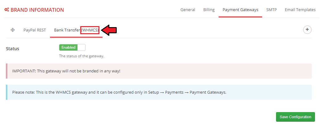 Multibrand For WHMCS: Payment Gateways tab with PayPal REST and a WHMCS Bank Transfer gateway that is not branded